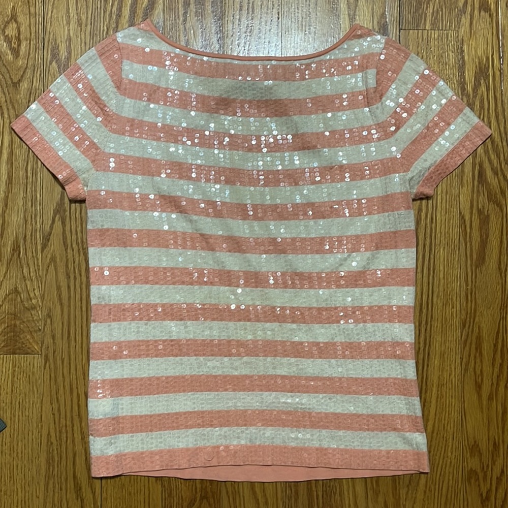 ELLEN TRACY for Neumann Marcus Sequin Cream and Pink short sleeve top size Small - Picture 3 of 4